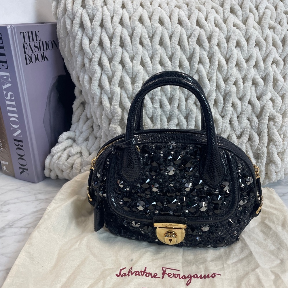 Salvatore Ferragamo Black Crystal-Embellished Mini Satchel with Gold Hardware